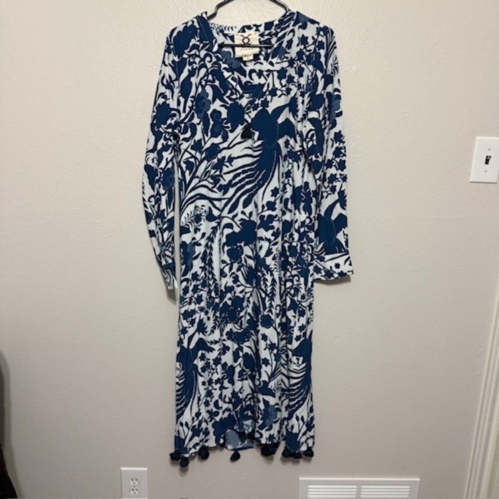Figue Blue White Floral Tassel Midi Dress Kaftan Viscose L Boho Resort Tropical - Picture 9 of 10